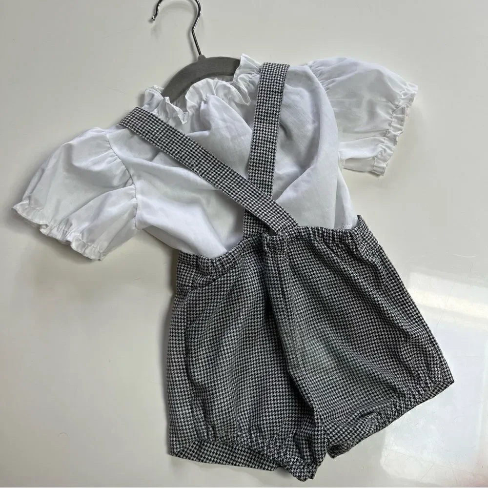 Charming Vintage Unisex Baby Classic Houndstooth Suspender Overall Shorts Romper